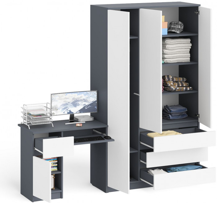 Мори Стол компьютерный МС-1 левый + Шкаф МШ1200.1, цвет графит/белый, ШхГхВ 210,4х50,4х209,6 см., выдвижной ящик слева, НЕ универсальная сборка