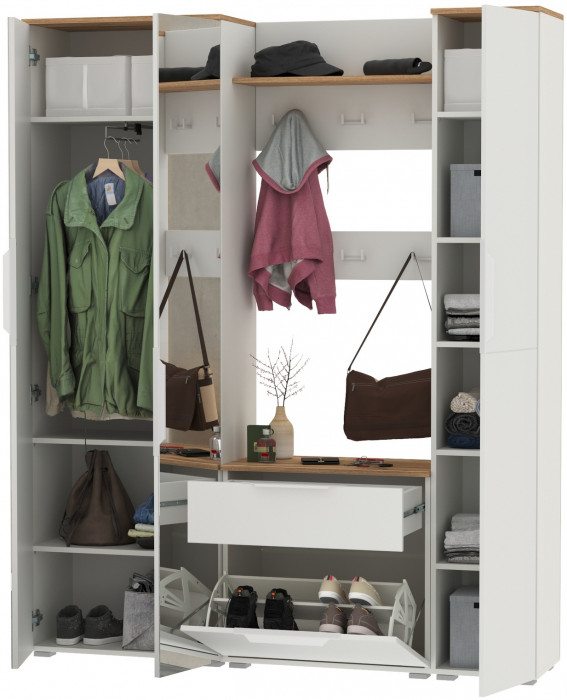 Октава Прихожая 15-123Н, цвет белый шагрень/дуб крафт золотой/фасады МДФ белый шагрень, ШхГхВ 161,5х35,4х197,6 см., универсальная сборка