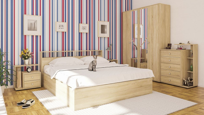 Камелия Кровать 1800 + две тумбы, цвет дуб сонома, ШхГхВ 296х217х78,2 см., сп.м. 1800х2000 мм., без матраса, основание есть