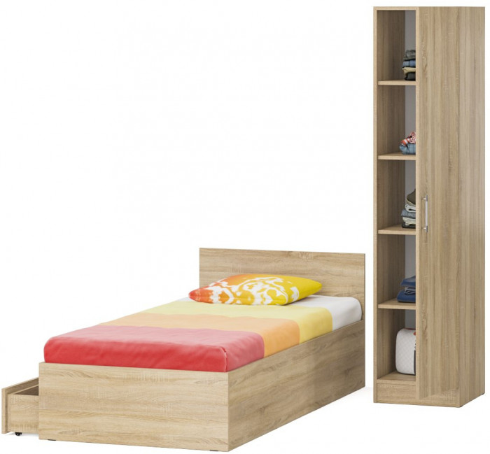 Кровать с ящиками 0900 + Пенал Стандарт, цвет дуб сонома, ШхГхВ 93,5х203,5х70 + 45х52х200 см., сп.м. 900х2000 мм., без матраса, основание есть