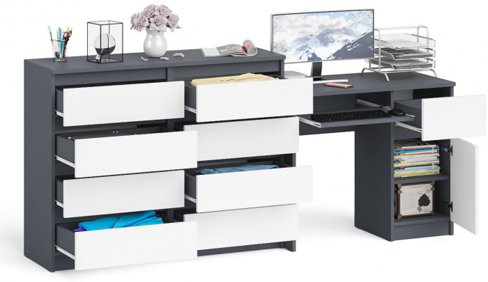 Мори Стол компьютерный МС-1 правый + Комод МК1200.8, цвет графит/белый, ШхГхВ 210,4х50х94 см., выдвижной ящик справа, НЕ универсальная сборка