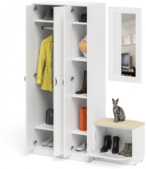 Прихожая П-6 Компоновка № 46, белая шагрень/фасады МДФ белое дерево фрезеровка прованс