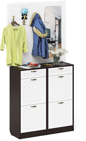 Прихожая П-6 Компоновка № 05, цвет венге/фасады МДФ белое дерево фрезеровка ромб, ШхГхВ 110х35х200 см.