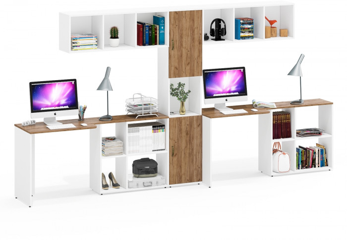 Лидер-8 Стол + Полка + Стол + Полка + Пенал, белый шагрень/крафт золото