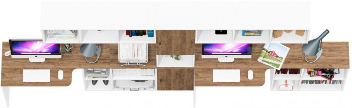 Лидер-8 Стол + Полка + Стол + Полка + Пенал, белый шагрень/крафт золото