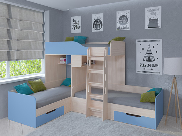 Кровать двухъярусная Трио Дуб молочный/Голубой