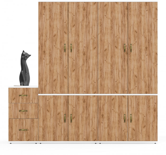Лидер-8 Шкаф МД 19Б + Шкаф МД 19Б + Тумба МД 3.16, цвет белый шагрень/крафт золото, ШхГхВ 200х50х190 см., универсальная сборка