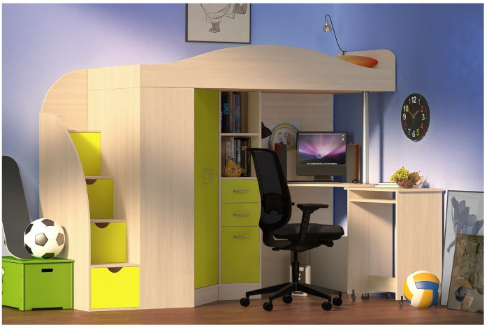 Кровать-чердак Юниор 4 (Ясень Анкор Темный/Лайм)