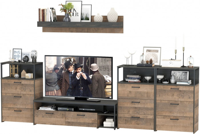 Трувор Гостиная 107, цвет дуб гранж песочный/интра, ШхГхВ 347,8х45,4х195 см., универсальная сборка