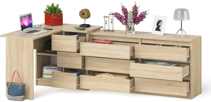 Мори Стол компьютерный МС-16 правый + Комод МК1380.6, цвет дуб сонома, ШхГхВ 262,4х84,9х76,6 см., выдвижные ящики справа, НЕ универсальная сборка