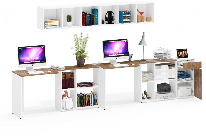 Лидер-8 Стол + Полка + Стол + Полка + Тумба МД 3.15, белый шагрень/крафт золото