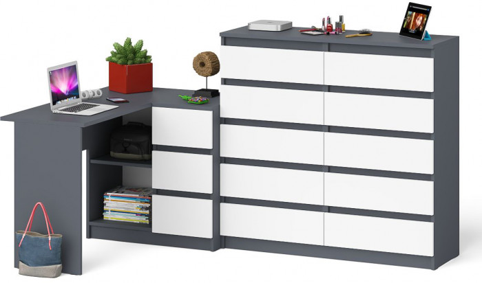 Мори компьютерный стол МС-16 правый + Комод МК1200.10, графит/белый
