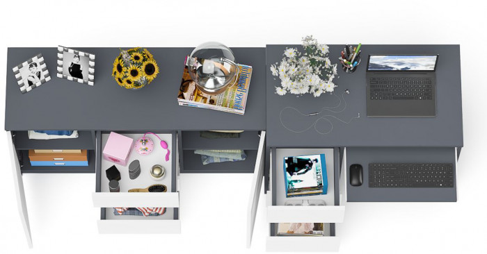 Мори компьютерный стол МС-6 левый + Комод МК1200.3, графит/белый