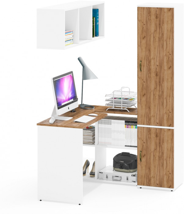 Лидер-8 Стол + Полка + Пенал МД 22Б, цвет белый шагрень/крафт золото, ШхГхВ 205х50/37,5х75/190 или 115х50/120х75/190 см., НЕ универсальная сборка