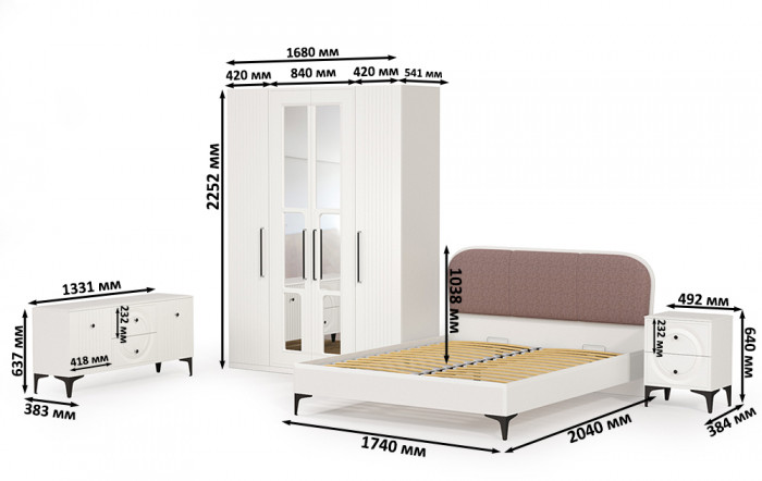 Валенсия Спальня № 44, цвет ЛДСП белый шагрень/МДФ белый шагрень/ткань велутто 19, ортопед есть, сп. м. 1600х2000 мм., б/м