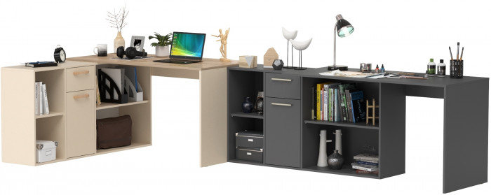 Два Стола письменных Лайт 03.245, цвет сатин/дуб эндгрейн элегантный/тёмно-серый, ШхГхВ 342,9х136х75,2 см.(угл.) или 407,2х68х75,2 см.(пр.), ун. сб.