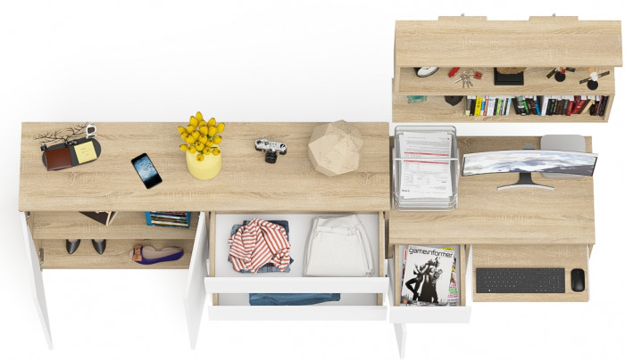 Мори Стол компьютерный МС-1 левый + Комод МК1600.1 + Полка 900, цвет дуб сонома/белый, ШхГхВ 250,4х50х209,6 см., НЕ универсальная сборка