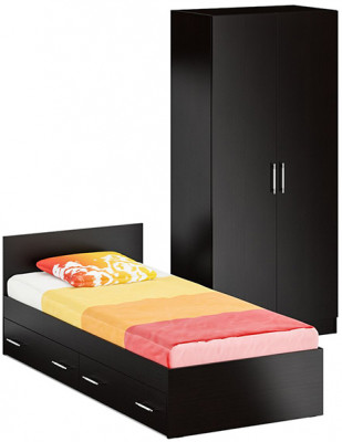 Кровать с ящиками 0900 + Шкаф 2-х створчатый Стандарт, цвет венге, ШхГхВ 93,5х203,5х70 + 90х52х200 см., сп.м. 900х2000 мм., б/м, основание есть