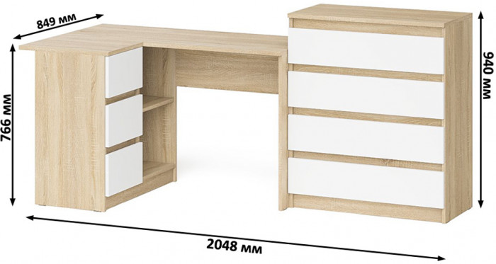 Мори Стол компьютерный МС-16 левый + Комод МК800.4, цвет дуб сонома/белый, ШхГхВ 204,8х84,9х94 см., выдвижные ящики слев, НЕ универсальная сборкаа
