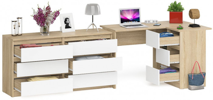 Мори Стол компьютерный МС-16 правый + Комод МК1380.6, цвет дуб сонома/белый, ШхГхВ 262,4х84,9х76,6 см., выдвижные ящики справа, НЕ универс. сборка