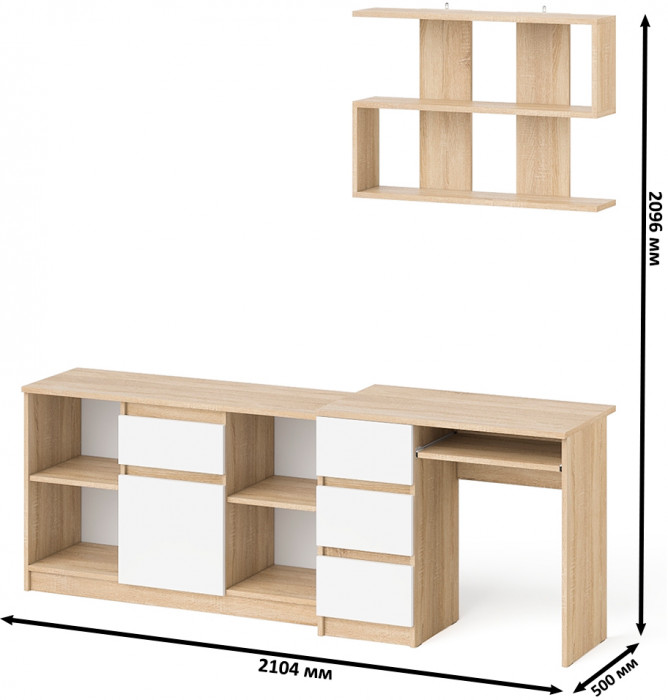 Мори Стол компьютерный МС-6 левый + Тумба МТВ1204.1 + Полка 900, цвет дуб сонома/белый, ШхГхВ 210,4х50х209,6 см., НЕ универсальная сборка