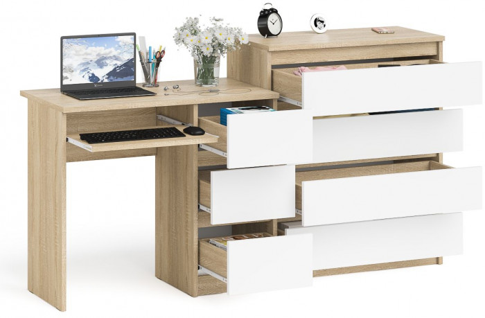 Мори Стол компьютерный МС-6 правый + Комод МК800.4, цвет дуб сонома/белый, ШхГхВ 170,4х50х94 см., выдвижные ящики справа, НЕ универсальная сборка
