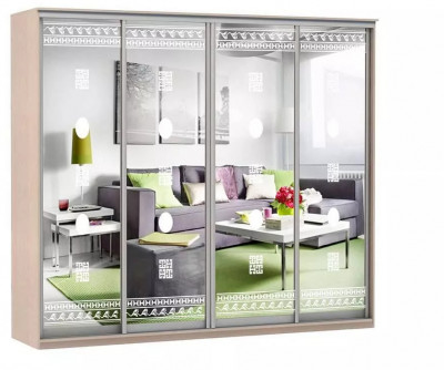 Шкаф купе Модерн 2362х600 4-х дверный 3-х секционный зеркальный с пескоструем №2 ясень