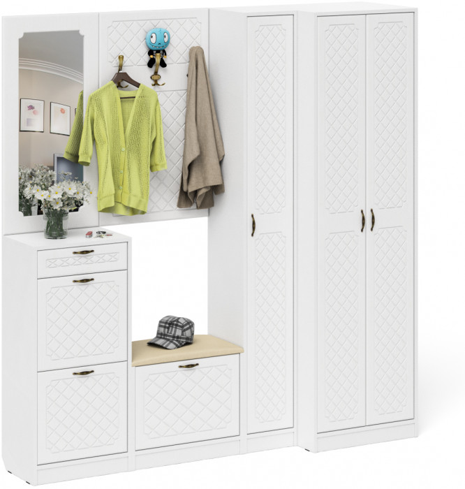 Прихожая П-6 Компоновка № 31, цвет белая шагрень/фасады МДФ белое дерево фрезеровка ромб, ШхГхВ 200х50х210 см., универсальная сборка