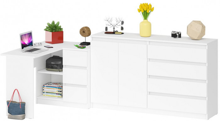 Мори Стол компьютерный МС-16 правый + Комод МК1600.1, цвет белый, ШхГхВ 284,8х84,9х94 см., выдвижные ящики справа, НЕ универсальная сборка