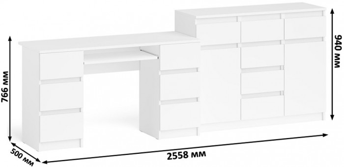 Мори Стол компьютерный МС-2 + Комод МК1200.4, цвет белый, ШхГхВ 255,8х50х94 см., универсальная сборка