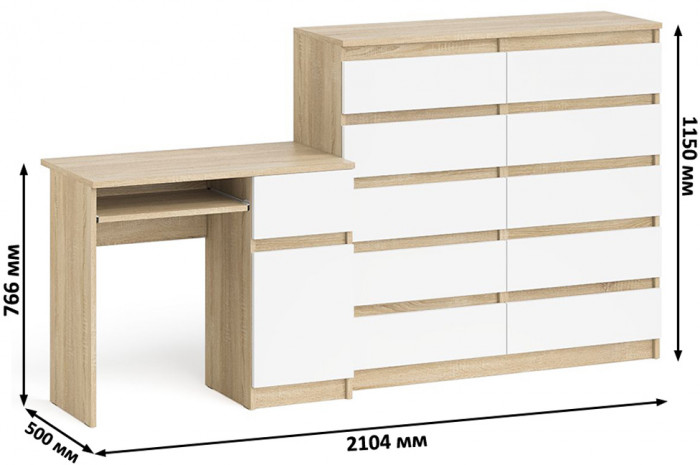 Мори компьютерный стол МС-1 правый + Комод МК1200.10, дуб сонома/белый