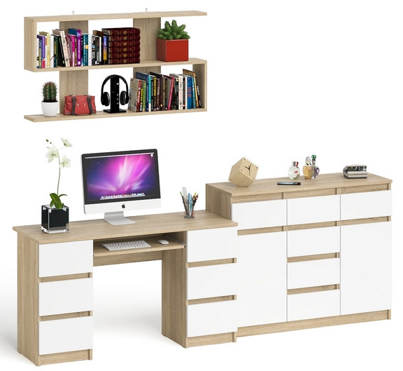 Мори компьютерный стол МС-2 + Комод МК1200.4 + Полка 1200, дуб сонома/белый