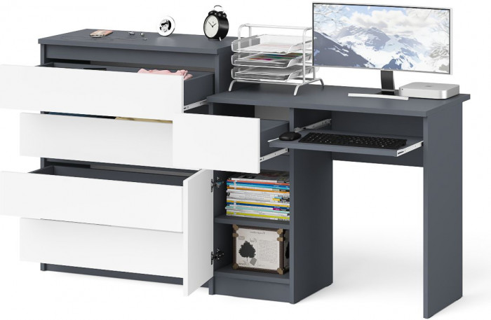 Мори компьютерный стол МС-1 левый + Комод МК800.4, графит/белый
