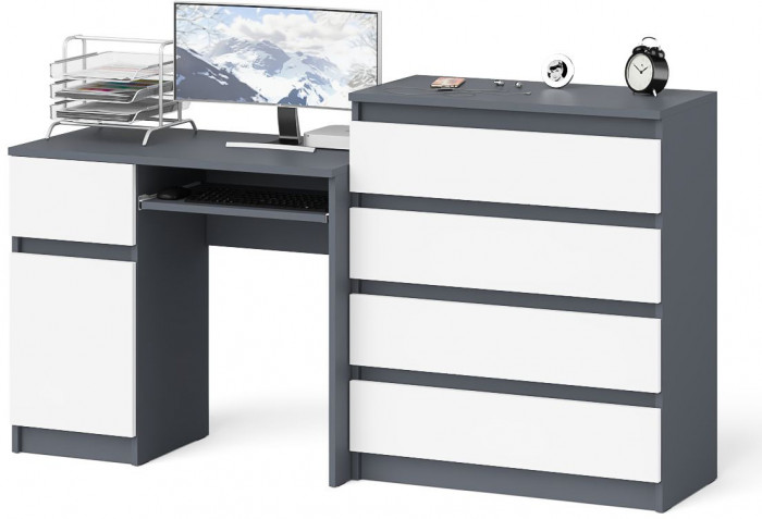 Мори компьютерный стол МС-1 левый + Комод МК800.4, графит/белый