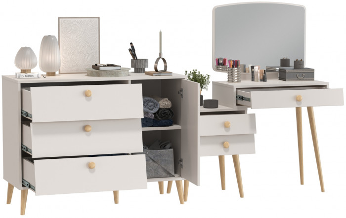 Афина Спальня Трюмо + Комод с дверкой и тремя ящиками, цвет кашемир серый, ШхГхВ 105х38,6х129 + 110х45,3х83 см., универсальная сборка