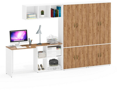 Лидер-8 Стол + Полка + Шкаф МД 20Б + Шкаф МД 20Б, цвет белый шагрень/крафт золото, ШхГхВ 325х50/37,5х75/190 или 115х240/50х75/190 см., НЕ ун. сборка