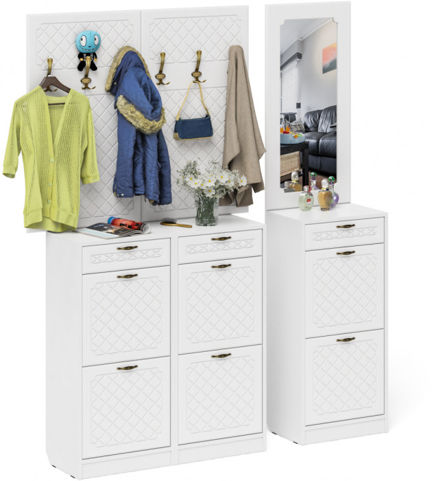 Прихожая П-6 Компоновка № 06, цвет белая шагрень/фасады МДФ белое дерево фрезеровка ромб, ШхГхВ 170х35х200 см., универсальная сборка