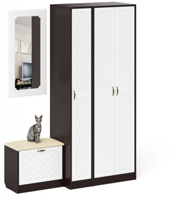 Прихожая П-6 Компоновка № 46, цвет венге/фасады МДФ белое дерево фрезеровка ромб, ШхГхВ 150х50х210 см., универсальная сборка