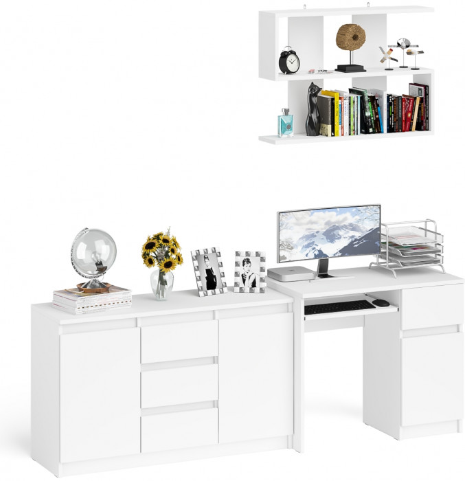Мори компьютерный стол МС-1 правый + Комод МК1200.3 + Полка 900, белый