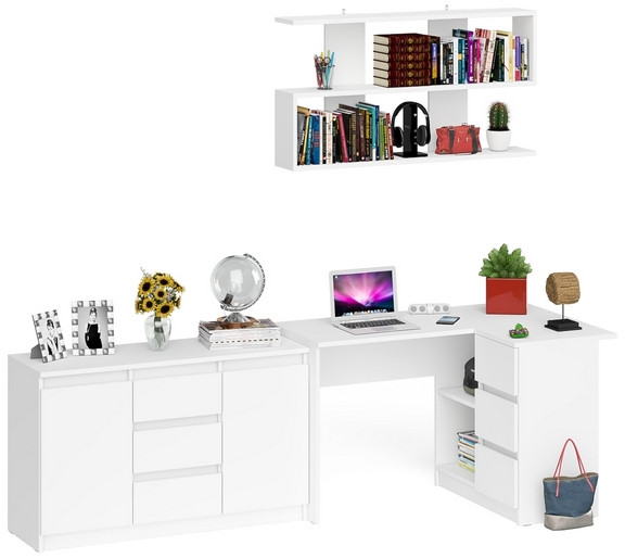 Мори компьютерный стол МС-16 правый + Комод МК1200.3 + Полка 1200, белый