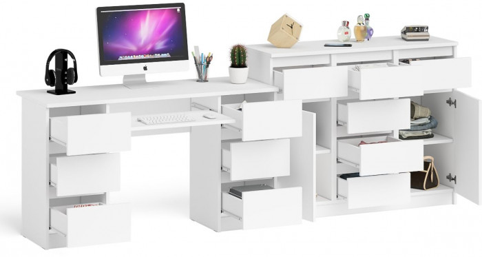 Мори компьютерный стол МС-2 + Комод МК1200.4, белый