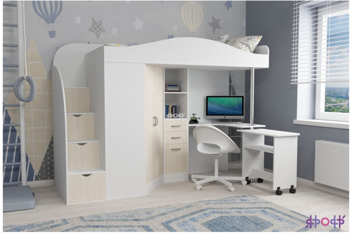 Кровать-чердак Юниор 4 (Дуб молочный/Ясень Анкор темный)