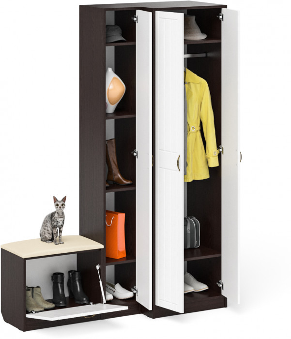 Прихожая П-6 Компоновка № 25, цвет венге/фасады МДФ белое дерево фрезеровка прованс, ШхГхВ 150х50х210 см., универсальная сборка