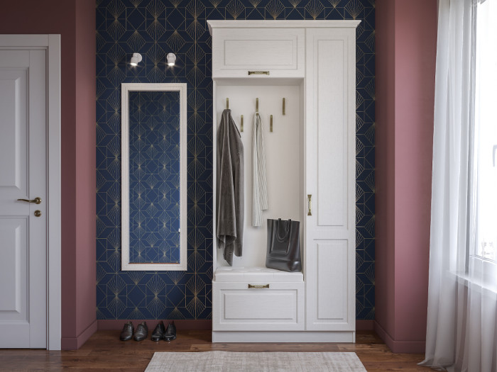 Ливерпуль Прихожая 13.21 + карниз 1000 + Зеркало 03.242 + Пуф 14.02, цвет ясень ваниль/белый, ШхГхВ 108,2х43,5х223,5 + 55х35х200 см., ун. сборка