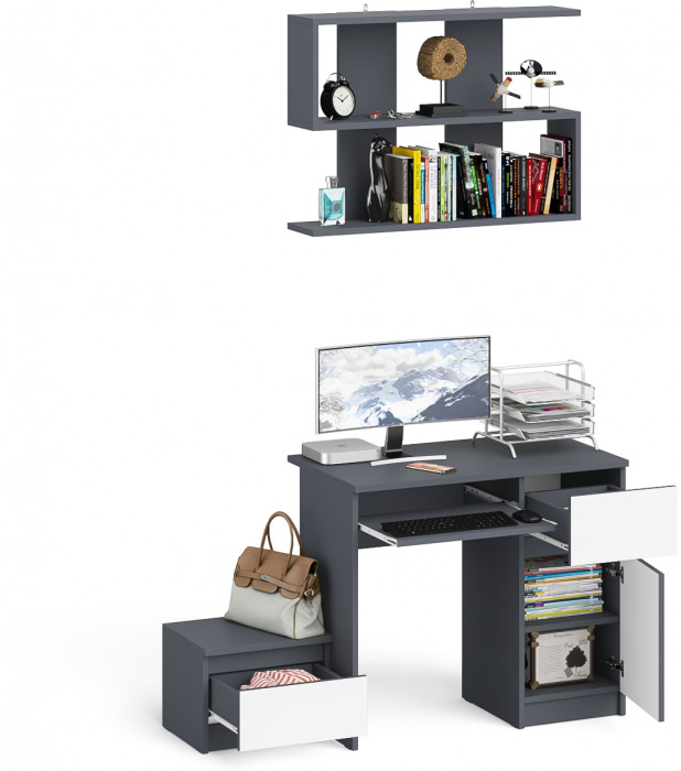 Мори Стол компьютерный МС-1 правый + Тумба ТМП400.1 + Полка 900, цвет графит/белый, ШхГхВ 130,4х50х209,6 см., НЕ универсальная сборка