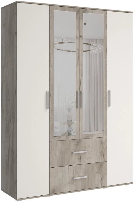 Шкаф 4-х створчатый с зеркалом Фиеста NEW, Крафт серый/Кашемир