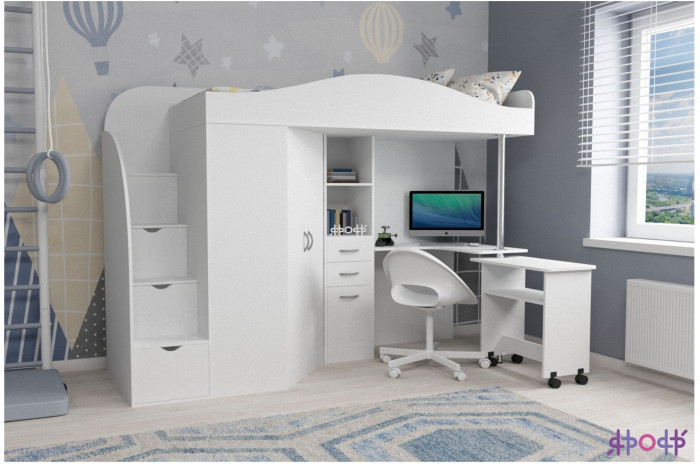 Кровать-чердак Юниор 4 (Белое дерево/Ясень Анкор темный)