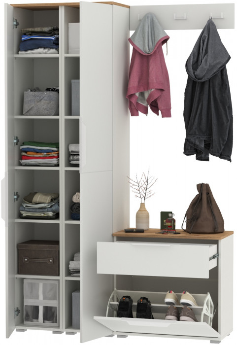 Октава Прихожая 19, цвет белый шагрень/дуб крафт золотой/фасады МДФ белый шагрень, ШхГхВ 129,3х35,4х197,6 см., универсальная сборка