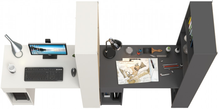 Два Стола письменных Лайт 10.01, цвет белый гладкий/тёмно-серый, ШхГхВ 230,6х58,2х179 см., универсальная сборка(обязательно крепление к стене)