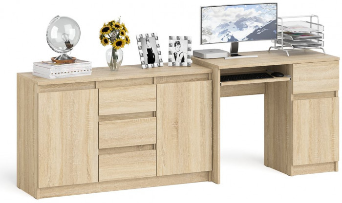 Мори компьютерный стол МС-1 правый + Комод МК1200.3, дуб сонома